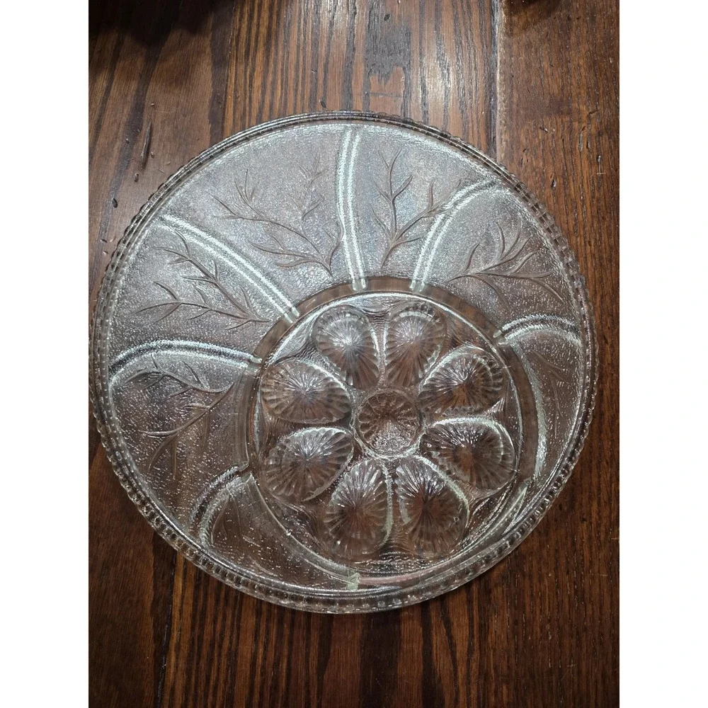Vintage 70s Clear Pressed Glass Deviled Egg Relish Tray Tree of Life Pattern 11